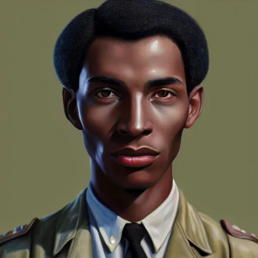 Image similar to A Hearts of Iron IV portrait of an African American young man with high cheekbones. Good bone structure. Dressed in 1940s style. Highly detailed, fine Art, high detail, great lighting, 8k resolution, masterpiece, concept art, illustration, clear eyes, painting oil on canvas, octane render, HDR, trending on artstation, 4k, 8k, HD