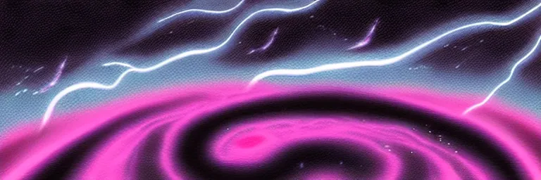 Image similar to graphic novel illustration of pink and purple clouds spiraling into a black hole, cyan lightning, digital illustration, visual novel