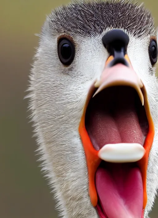 Prompt: close up of a goose screaming. honking goose. mouth open wide. nature award winning photography, canon dslr