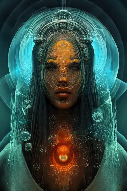 Prompt: a centered render of an ancient futuristic shaman with digital modifications surrounded by a underwater ink pour and flowing liquid gallium and complex sacred geometry, perfect body and face, powerful, cinematic, beautifully lit, by beeple, by artgerm, by karol bak, 3 d, trending on artstation, octane render, 8 k