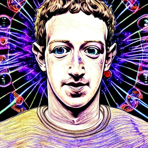 Image similar to the inner self of mark zuckerberg, clockwork engine, psychedelic, lsd, spiritual, mystical, epic beautifully detailed pen, ink and copic markers drawing by milo manara