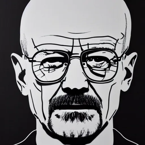 Image similar to a portrait of Walter White, made by Andy Warhol, two tone, very high contrast, only black and white, simplistic, extremely high contrast, two tone, notan art, by Andy Warhol, minimalistic,