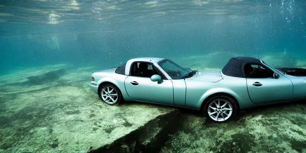 Prompt: a mazda miata, underwater, sunken