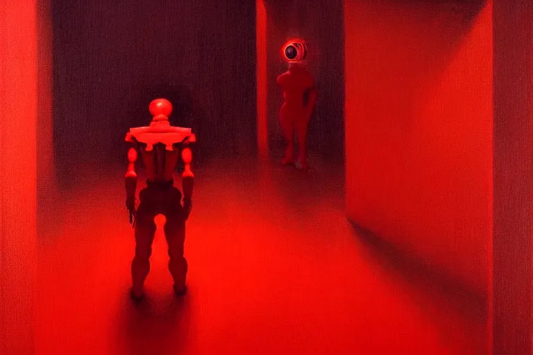 Image similar to only with red, a red samurai humanoid, tokio futuristic in background, yokai, in the style of beksinski, parts by edward hopper, parts by rodcenko, parts by yue minjun, intricate and epic composition, red by caravaggio, insanely quality, highly detailed, masterpiece, red light, artstation, 4 k