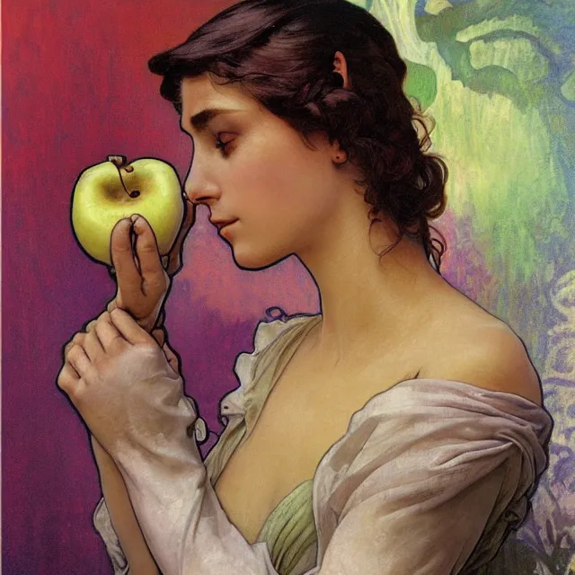 Image similar to an aesthetic! detailed close - up portrait of an aesthetic woman crying mournfully while holding an apple in a gloved hand, by frank frazetta and alphonse mucha, oil on canvas, bright colors, art nouveau, epic composition, dungeons and dragons fantasy art, hd, god - rays, ray - tracing, crisp contour - lines, huhd - 8 k