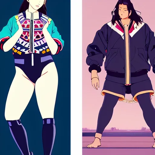 Image similar to a beautiful plus sized model japanese natalie portman, alluring, wearing oversized mayan bomber jacket and leotard with overalls, bulky poofy bomber jacket with mayan patterns, aztec street fashion, gapmoe yandere grimdark, trending on pixiv fanbox, painted by greg rutkowski makoto shinkai takashi takeuchi studio ghibli, akihiko yoshida