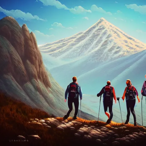 Image similar to close up photo of team in Armenia hiking at a weekend and posing with mountains on the background, elegant, highly detailed, digital painting, volumetric light, artstation, concept art, smooth, sharp focus, illustration