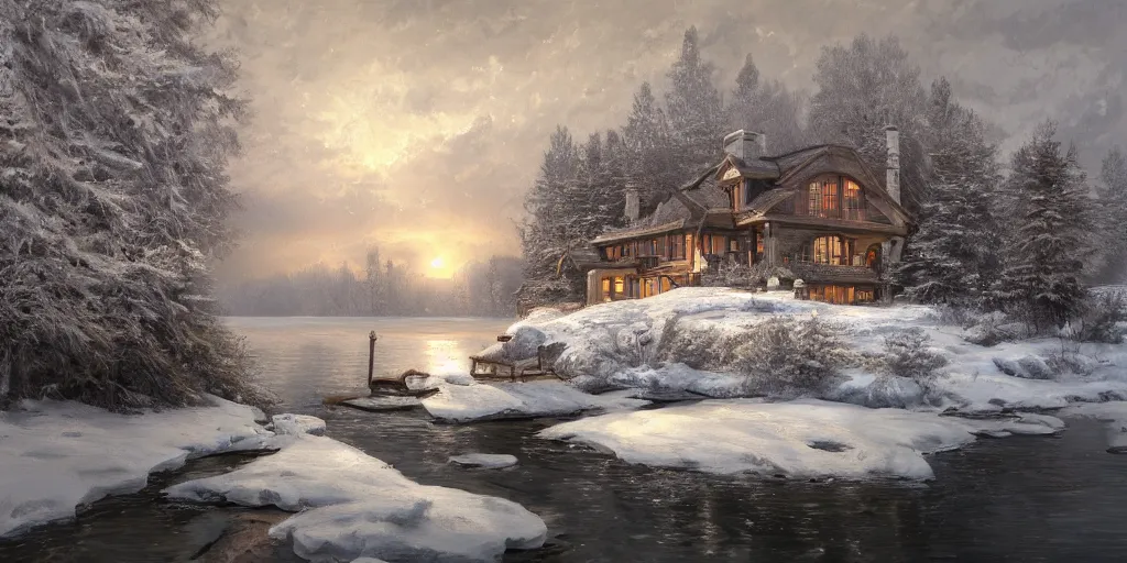 Image similar to an oil painting of a lakehouse in winter, masterpiece, highly detailed, high quality, 4 k, anatomically correct, hyperrealistic, concept art, octane render, unreal engine 5, trending on artstation, trending on deviantart, matte, historical painting, fantasy style, path traced, high coherence, soft lighting, digital painting, mythical