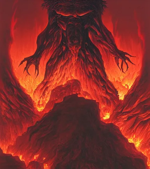 Image similar to a muscular demon rising up out of the fire in the many levels of hell surrounded by dead souls on fire, sense of awe, surreal hellscape by Wayne Barlowe, Pascal Blanche