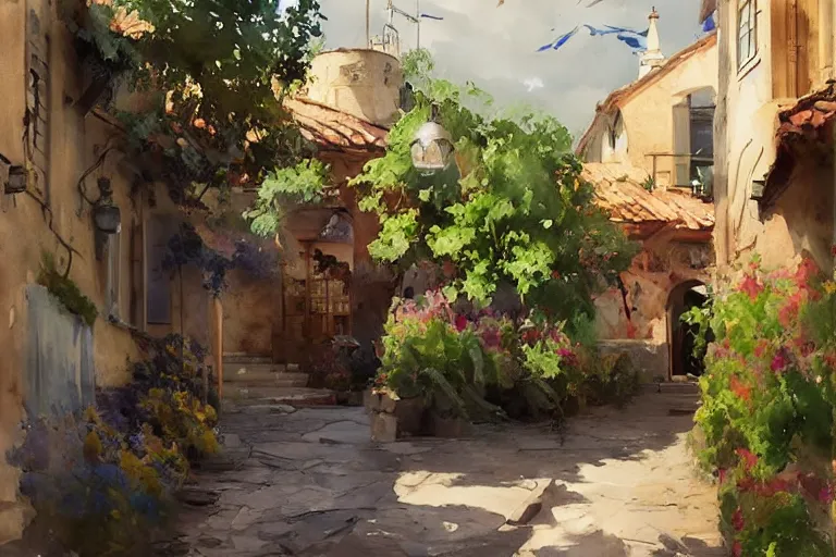 Image similar to paint brush strokes, abstract watercolor painting of rustic mediterranean village at nightfall, lantern, ambient lighting, art by hans dahl, by jesper ejsing, art by anders zorn, wonderful masterpiece by greg rutkowski, cinematic light, american romanticism by greg manchess, creation by tyler edlin