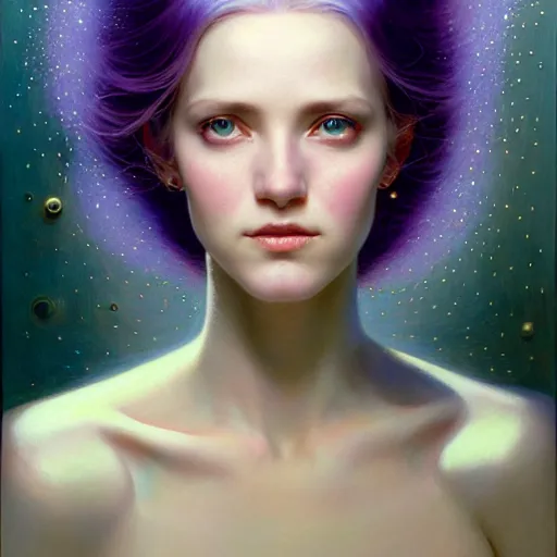 Prompt: Facial portrait of a cute shy woman, looking away from the camera, seductive smile, sparkle in eyes, lips slightly parted, long flowing purple hair, no hands visible, intricate, extremely detailed painting by James C. Christensen and by Greg Rutkowski and by Moebius, vibrant colors, stunning lighting