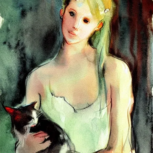 Prompt: Ciri holding a cat, art, minimalistic painting, watercolor on paper, high quality, by Edgar Degas, by Berthe Morisot, by Conrad Roset