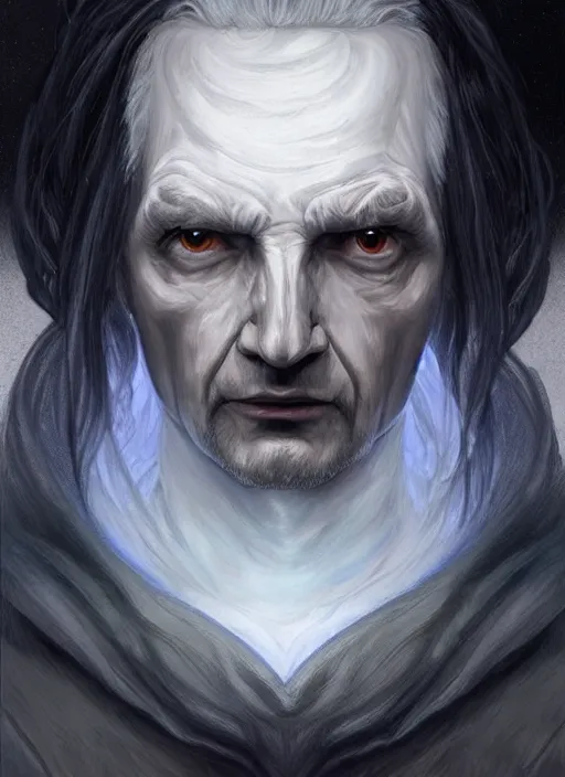 Image similar to Portrait of Elim Garak, white glowing eyes, black shaggy hair, cloak, ethereal, male, fantasy, extremely detailed, digital painting, artstation, concept art, smooth, sharp focus, illustration, stunning lighting, art by artgerm and greg rutkowski and alphonse mucha and simon stalenhag, realistic character concept, high fantasy, light atmosphere, golden ratio, cinematic lighting, hyperdetailed, high resolution, insanely detailed and intricate, artstation, Marc Simonetti, Greg Rutkowski, 8k