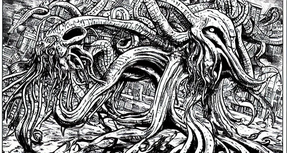 Prompt: cthulhu attacking a city, horror, lovecraftian, in the style of junji ito, lineart, manga