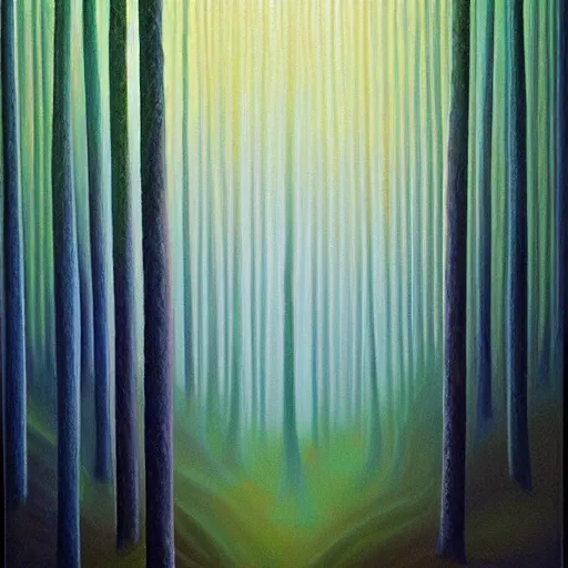 Prompt: painting of the master of light and energy in dense foggy forest by Alex Grey, acrylic art, ethereal, soothing, somber, elegant, warm light, cozy, glows,