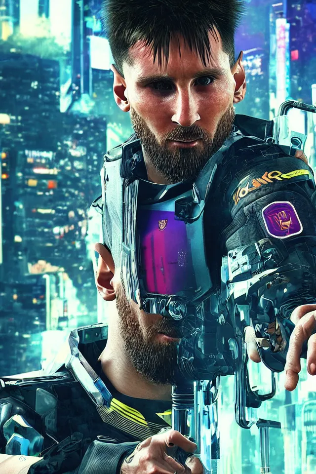 Image similar to Messi as a cyber/cyberpunk 2077/realistic/very detailed/HDR/steampunk