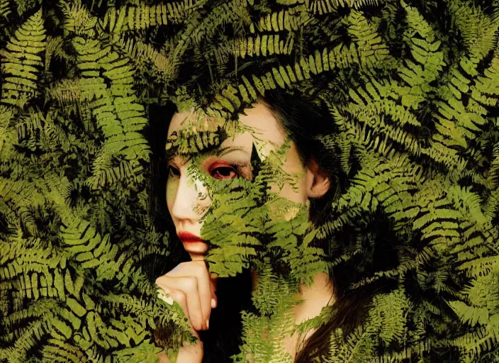 Prompt: a female model with long black hair, emerging from a dense misty forest of fern leaves wearing camouflage by yohji yamamoto, in the style of daido moriyama, double exposure