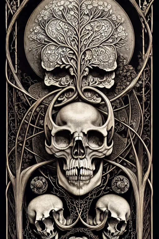 Image similar to art forms of nature by ernst haeckel, memento mori by arthur rackham, ornate antique porcelain beautiful skull mask, ultrasharp, photorealistic, hyperdetailed, octane render, polished, art nouveau, neo - gothic, gothic, intricate ornamental organic filigree, art nouveau botanicals, art forms of nature by ernst haeckel, horizontal symmetry, symbolist, visionary