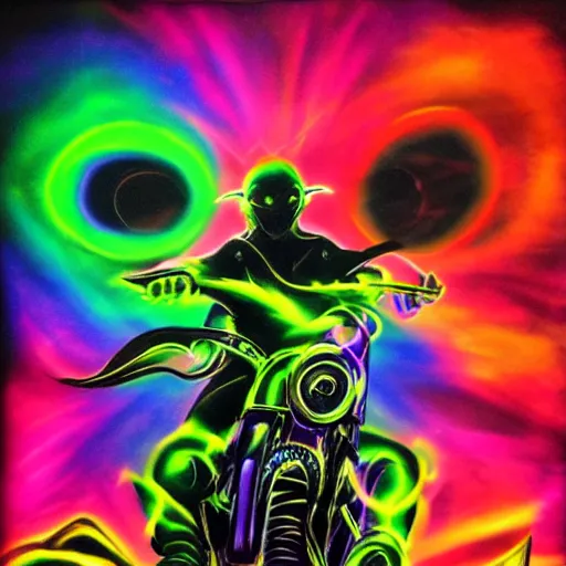 Image similar to psychedelic blacklight airbrush artwork of an orc riding a motorcycle, airbrushed on a black background