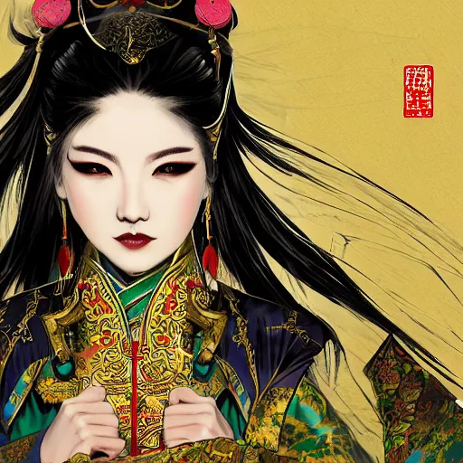 Image similar to An epic fantasy comic book style portrait painting of a gorgeous sword dance Chinese costume woman, long hair, smoke, full body XIANXIA, Chinese temple, depth of field by Yoji Shinkawa 4k