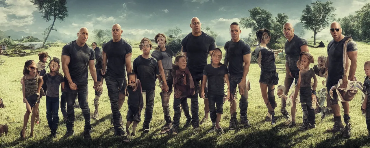 Image similar to closeup photo of vin diesel and his 6 children, sunny day, village house, pastoral, happy, cinematic, art by jan urschel and neil blevins