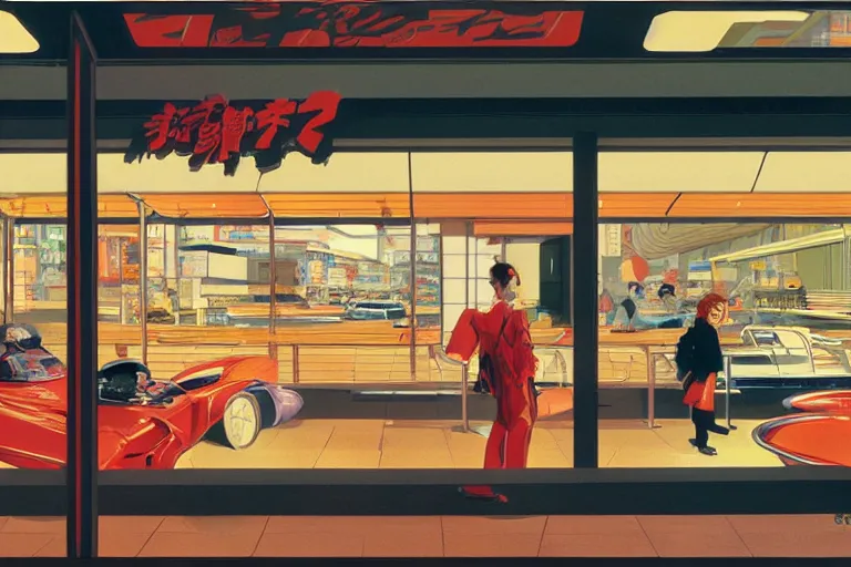 Image similar to a fast food window downtown in neo - tokyo. concept art by syd mead