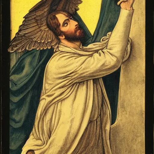 Prompt: Turning and turning in a widening gyre, the falcon cannot hear the falconer, painted by Dante Gabriel Rossetti