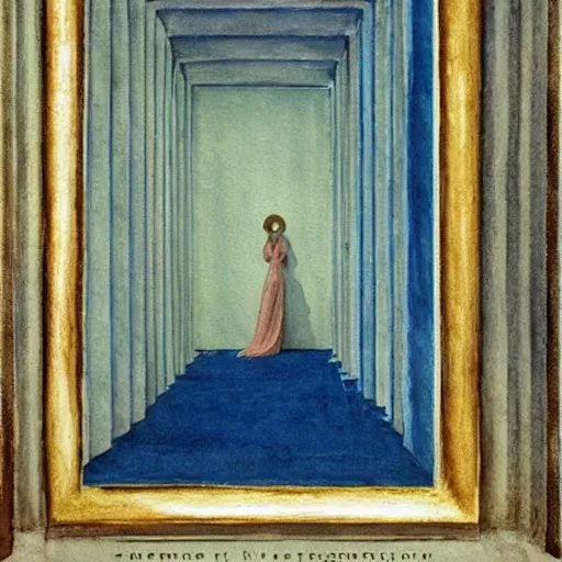 Image similar to procession of women in a blue and gold haunted liminal abandoned temple, watercolor by gottfried helnwein, by hammershøi, art noveau, highly detailed, lights by edward hopper, liminal, eerie, bright pastel colors