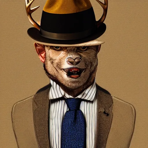 Image similar to a upper body portrait of a deer in a pinstriped suit and pants wearing a fedora with the antlers sticking out of the fedora adjusting his tie by artgerm and wlop, intricate detail, digital art, photorealistic, trending on artstation