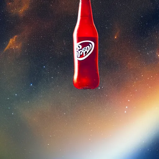 Prompt: Dr. Pepper bottle floating in space