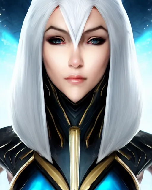 Image similar to perfect white haired attractive egyptian goddess, warframe armor, beautiful, symmetric, dreamy, half asian, pretty face, blue eyes, khaleesi, detailed, scifi platform, laboratory, experiment, 4 k, ultra realistic, epic lighting, android body, illuminated, cinematic, masterpiece, art by akihito tsukushi, voidstar