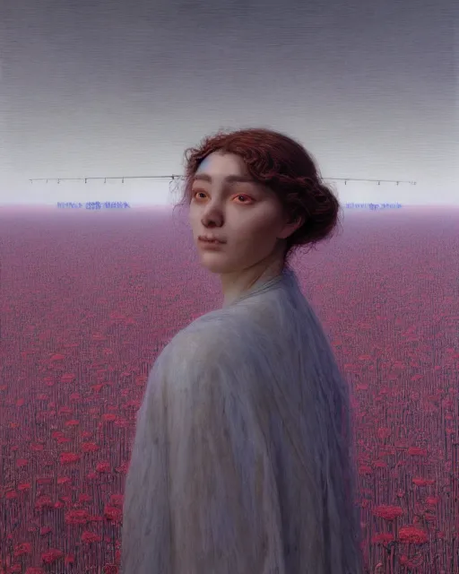 Image similar to A portrait of a woman wearing clothes made out of dying flowers, apocalypse, nuclear explosion in the background, Masterpiece, pure white skin, glowing, wires everywhere, by Edgar Maxence and Ross Tran, Zdzisław Beksiński, and Michael Whelan, distant, gustav dore, H.R. Giger, 8k, octane render