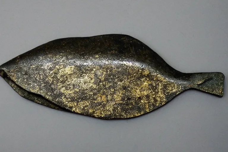 Image similar to slightly cartoony fish made out of a flat piece of bronze textured with a hammer to produce scales