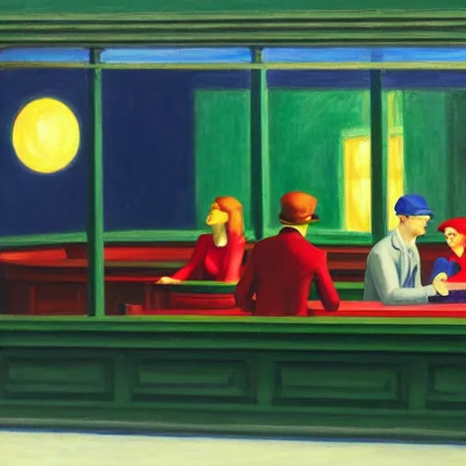 Image similar to Nighthawks by Edward Hopper, child drawing, 4k,