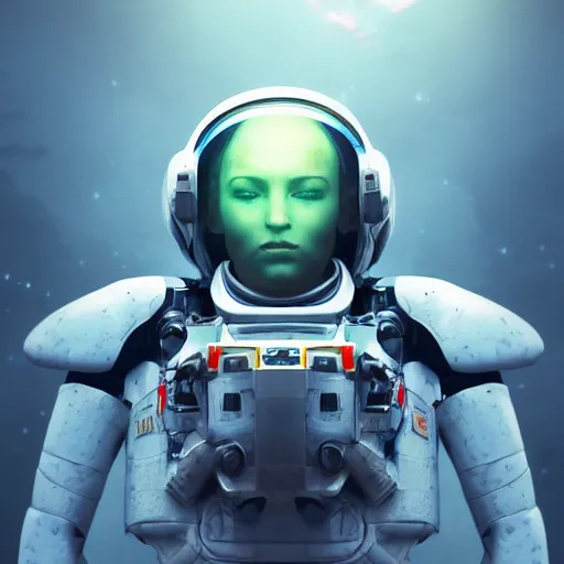 Image similar to beautiful portrait of a mecha astronaut alone in nebula space on event horizon with spaceship destroyed, octane render, trending on artstation, hyperrealistic, character photography