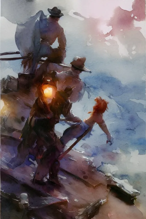 Prompt: small centered on watercolor paper, paint brush strokes, abstract watercolor painting of romantic voyage, cinematic light, national romanticism by anders zorn, by hans dahl, by jesper ejsing, by greg rutkowski, by greg manchess, by tyler edlin, by craig mullins