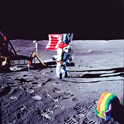 Prompt: astronaut with the lgbt flag on the moon, polaroid photo, perfect photo, photo pinterest