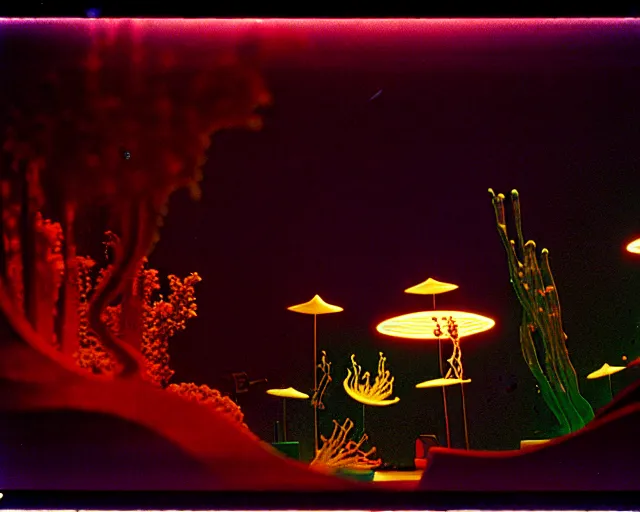 Image similar to low angle shot of a space port at night, aquatic plants, coral, shabby chic, cinematography by Jim Jarmusch, composition by Hale Woodruff,in the style of Nan Goldin, set design by Antonin Gaudí, 35mm, graflex, color film photography