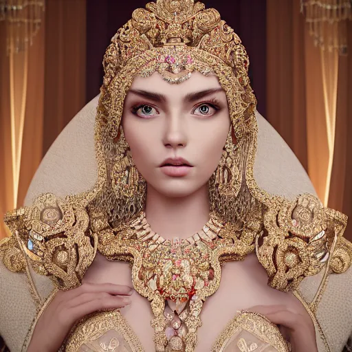 Image similar to portrait of pretty princess with perfect skin, beauty, glowing, ornate and intricate diamond jewelry, jaw dropping, ornate and intricate backdrop, white accent lighting, hyper detailed, 4 k octane render