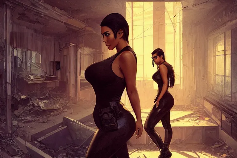 Image similar to cop kim kardashian inside a derelict apartment, glowing walkie talkie, realistic portrait, symmetrical, highly detailed, digital painting, artstation, concept art, smooth, sharp focus, illustration, cinematic lighting, art by artgerm and greg rutkowski and alphonse mucha