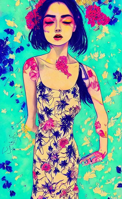 Image similar to an ultra detailed beautiful painting of a stylish woman with colorful sundress, concert poster, modern, harumi hironaka, conrad roset, greg rutkowski