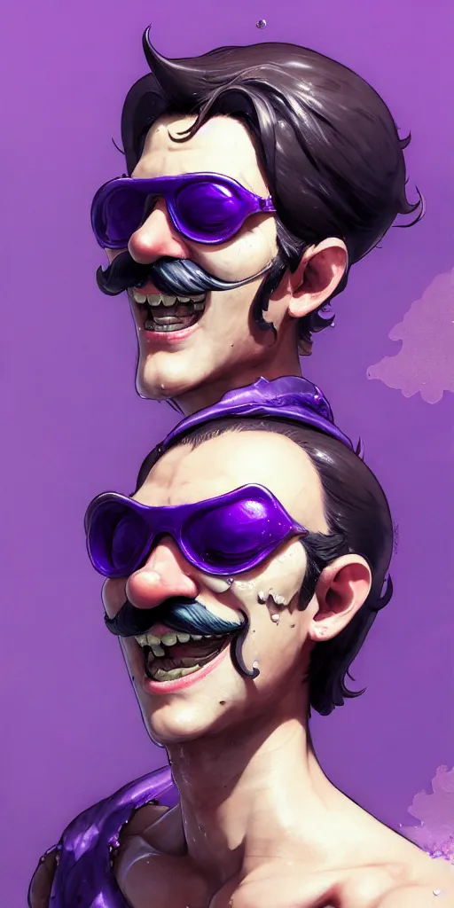 Prompt: Extremely Detailed and Full Portrait scene of Gooey Ocean scene in ink and refined sand, Waluigi with shades on face. wearing a purple dress full body smiling by Akihito Yoshitomi AND Yoji Shinkawa AND Greg Rutkowski, Mark Arian trending on artstation