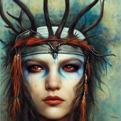 Prompt: A young female shaman blindfolded, blue hair and antlers on her head, blindfolded, heilung, made by karol bak