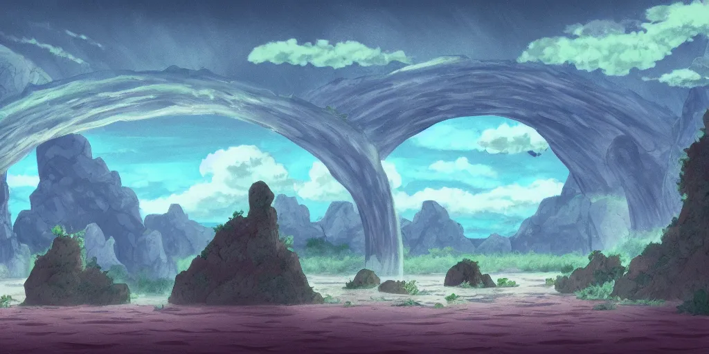 Image similar to a cell - shaded studio ghibli concept art study of an arizona rock arch time portal in the air over a flooded desert on a misty starry night. a waterfall is flowing out of the portal. very dull colors, hd, 4 k, hq