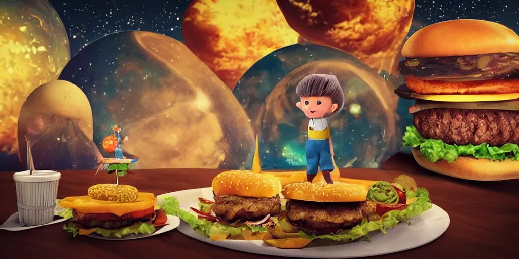 Prompt: a dream of time gone by, where I was eating burgers and not so hungry, realistic, out of this world, alien, sleepy, on a mini world, the little prince from outer space, colorful, gangly, dream, vial of stars, metallic, satisfying render, tiny people devouring food, the happiest moment, joy