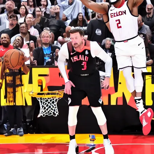 Prompt: elon musk slam dunks in the 2 0 1 9 nba slam dunking contest