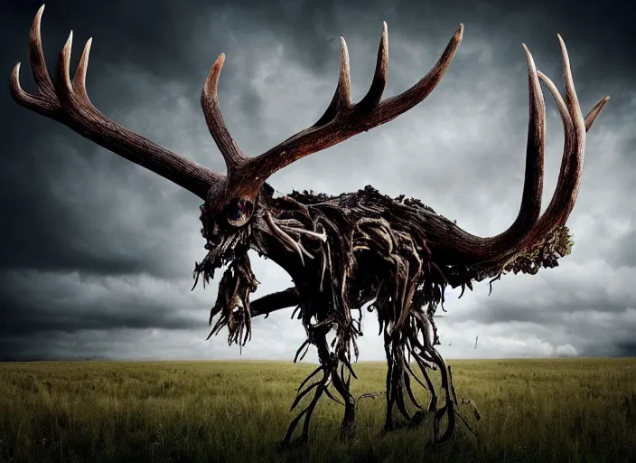 Prompt: photograph of a horrifying nature monster made of animal parts, tree parts, bones, antlers and an extremely long neck, in a meadow, nightmare, designed by ken barthelmey, dramatic lighting, full frame photography