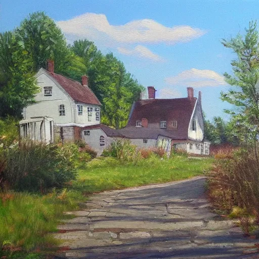 Image similar to a realistic painting of symply durhams cottages, catskills, us.
