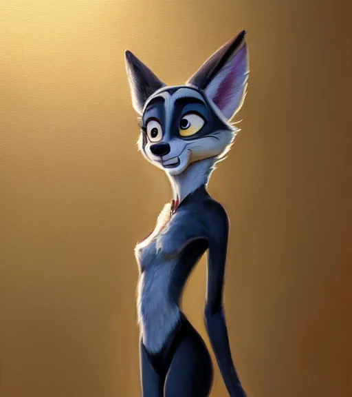 Image similar to oil painting of detailed full body of anthromorphic female wolf, in style of zootopia, zootopia, zootopia, fursona, furry, furaffinity, 4 k, deviantart, furry art, fursona art, wearing black business suit, business suit, in style of zootopia, wolf fursona, cyberpunk, female, expressive detailed feminine face,