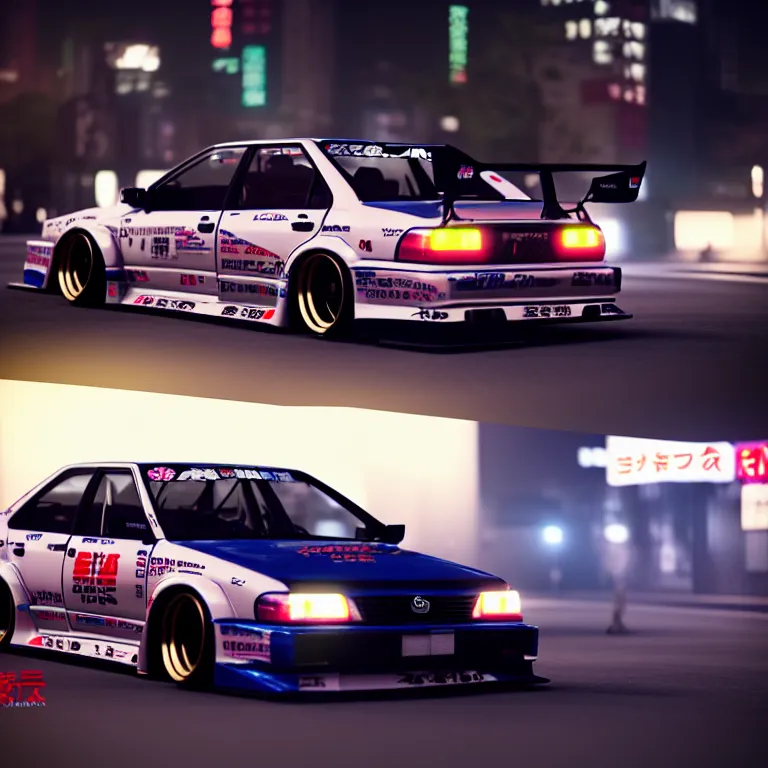 Image similar to Toyota JZX90 Drift, detailed-wheels, Shibuya prefecture, cinematic lighting, photorealistic, night photography, octane render